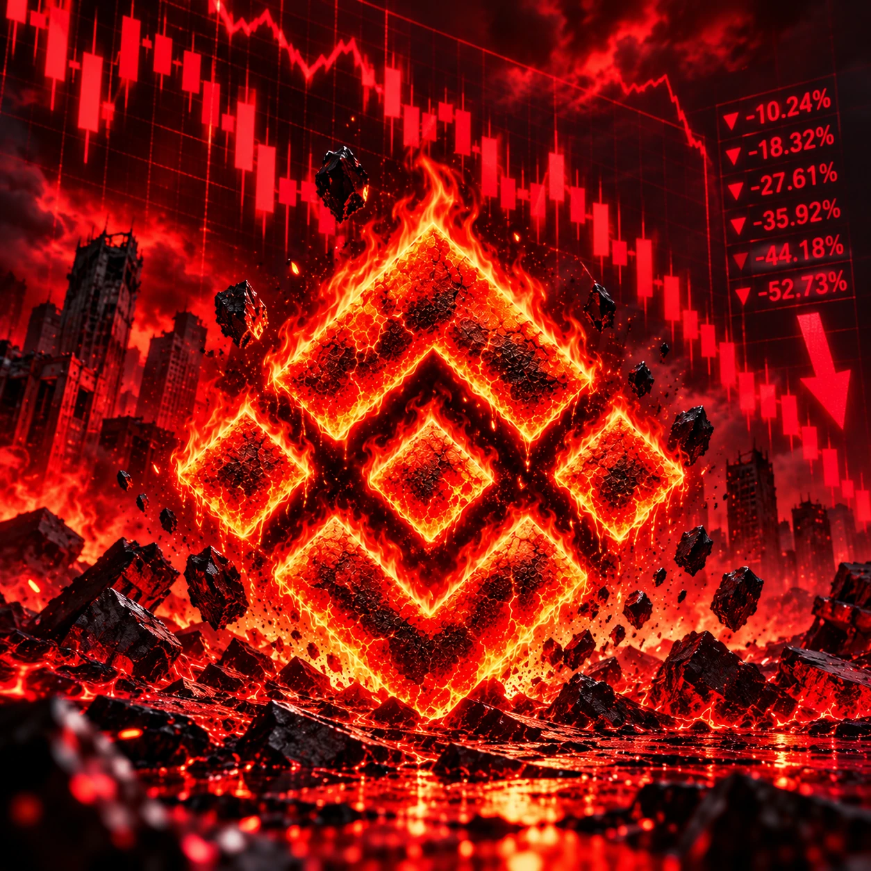 SCAMNANCE emblem blazing before a falling red trading chart